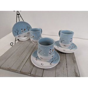 Grottaglie Ceramic Pottery Dinnerware Snowman Set of 3 Cups Saucers Vintage Blue